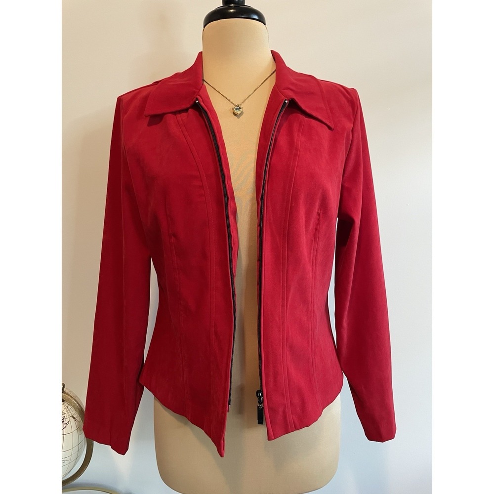 Sag Harbor Dress Red Faux Suede Zip Front Blazer Jacket Size 10 Pointed Collar